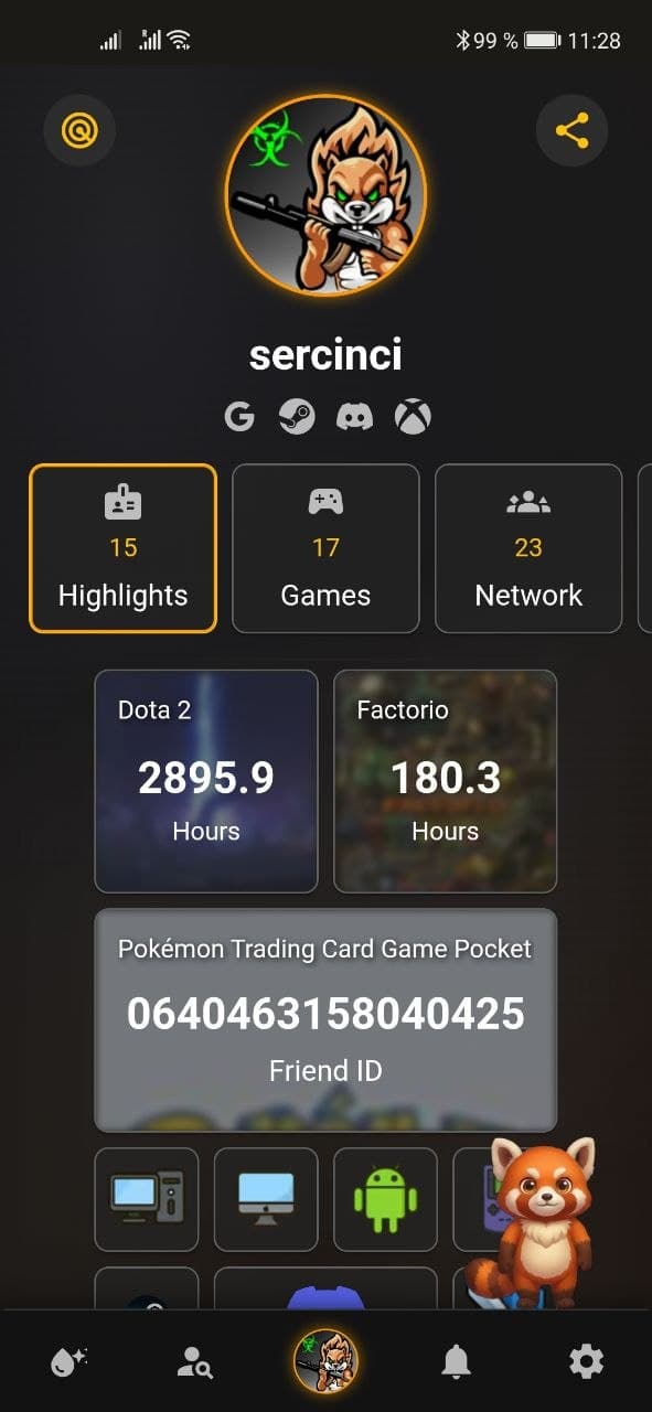 Real XCORE.GG player profile with linked accounts, highlights, games, friends, play time, and a friend ID